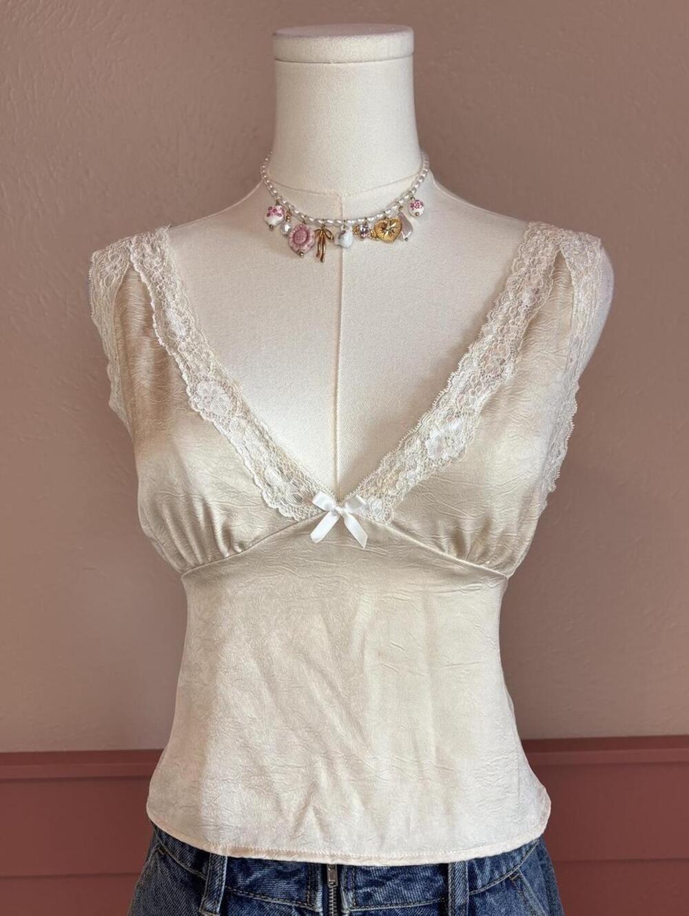 coquette lace cream tie back top one clothing sz large fairy lolita bow